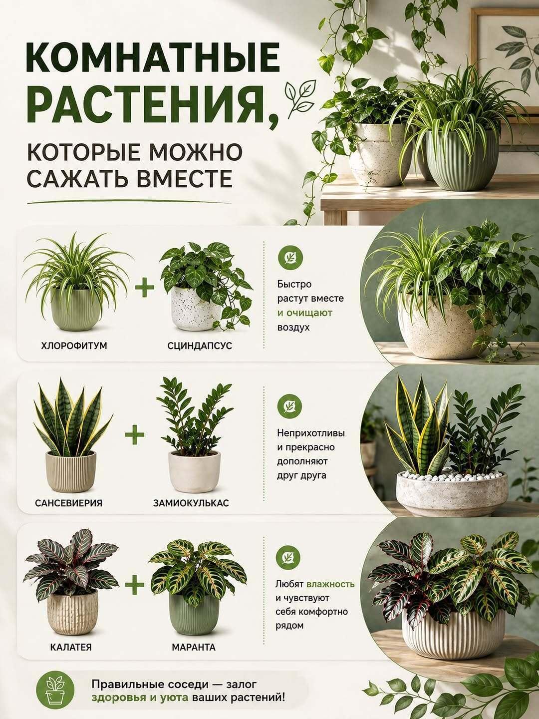 Некоторые комнатные растения отлично чувствуют себя рядом 🌿 Главное — подбирать соседей с похожими требованиями к свету, поливу и влажности.