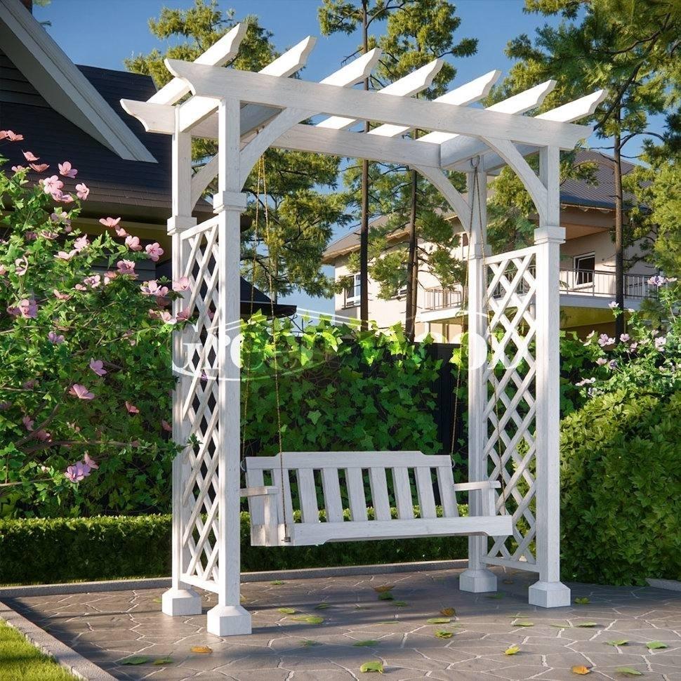 Эффектная белая пергола с качелями