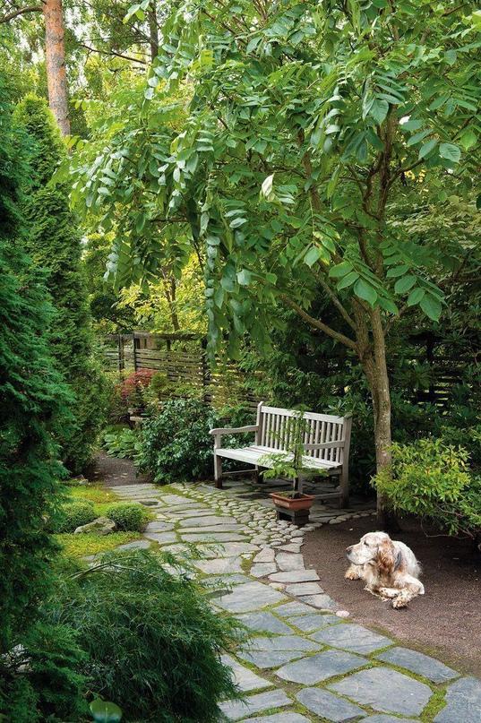 Романтичное оформление сада с извилистыми дорожками и приватной зоной отдыха  гармонично сочетается  со стилем Коттеджкор.