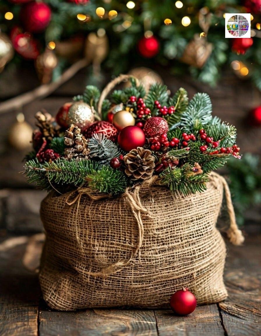 Новогодние композиции прекрасно выглядят в плетеной корзине, декоративном ведре, деревянном ящике или даже в скромном джутовом мешочке.