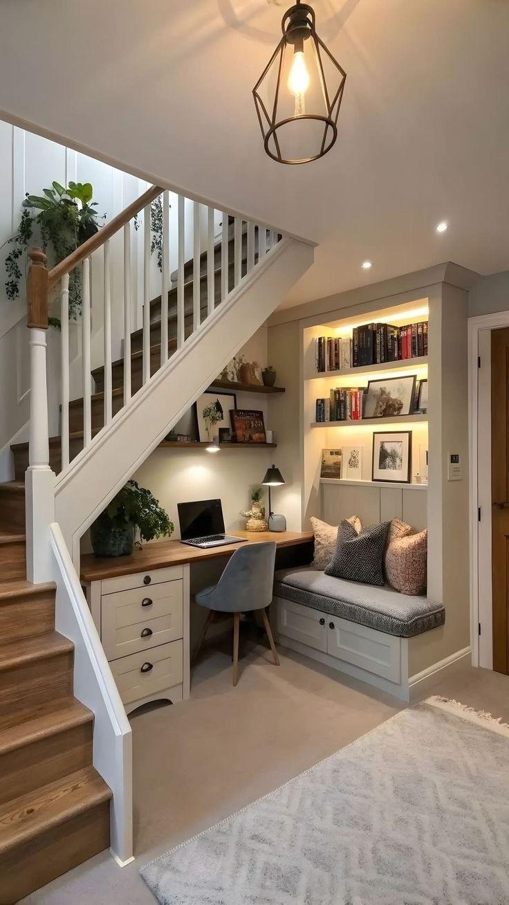 Функциональный и весьма уютный уголок под лестницей