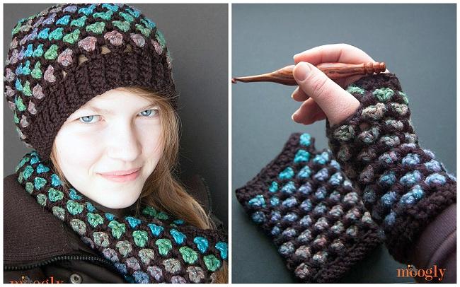 Шапочка, снуд и митенки крючком "Марокканская полночь". Описание