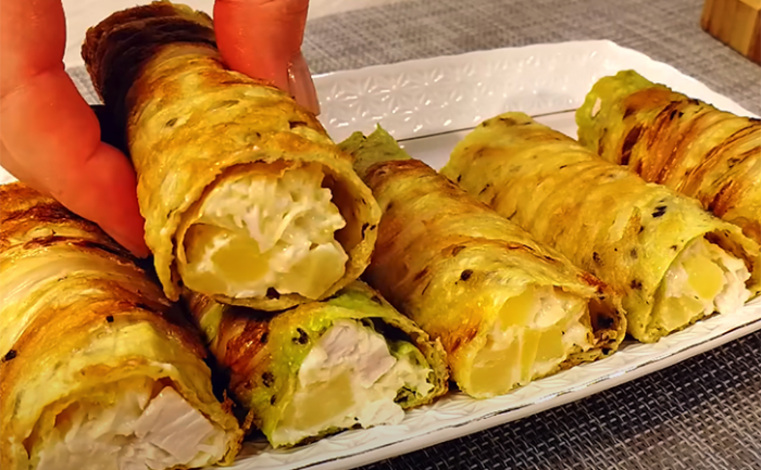 Гениальная закуска на любой стол. Порционные рулетики с салатом