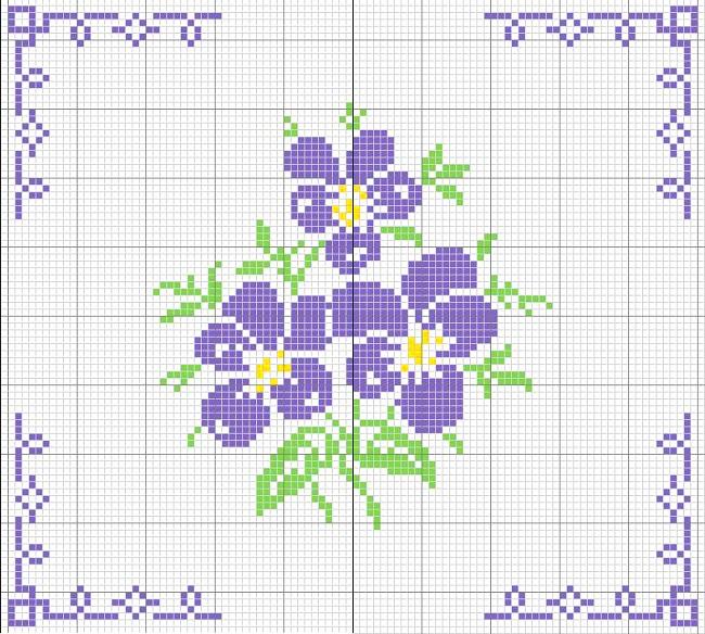 Простая вышивка крестом: анютины глазки. Схема